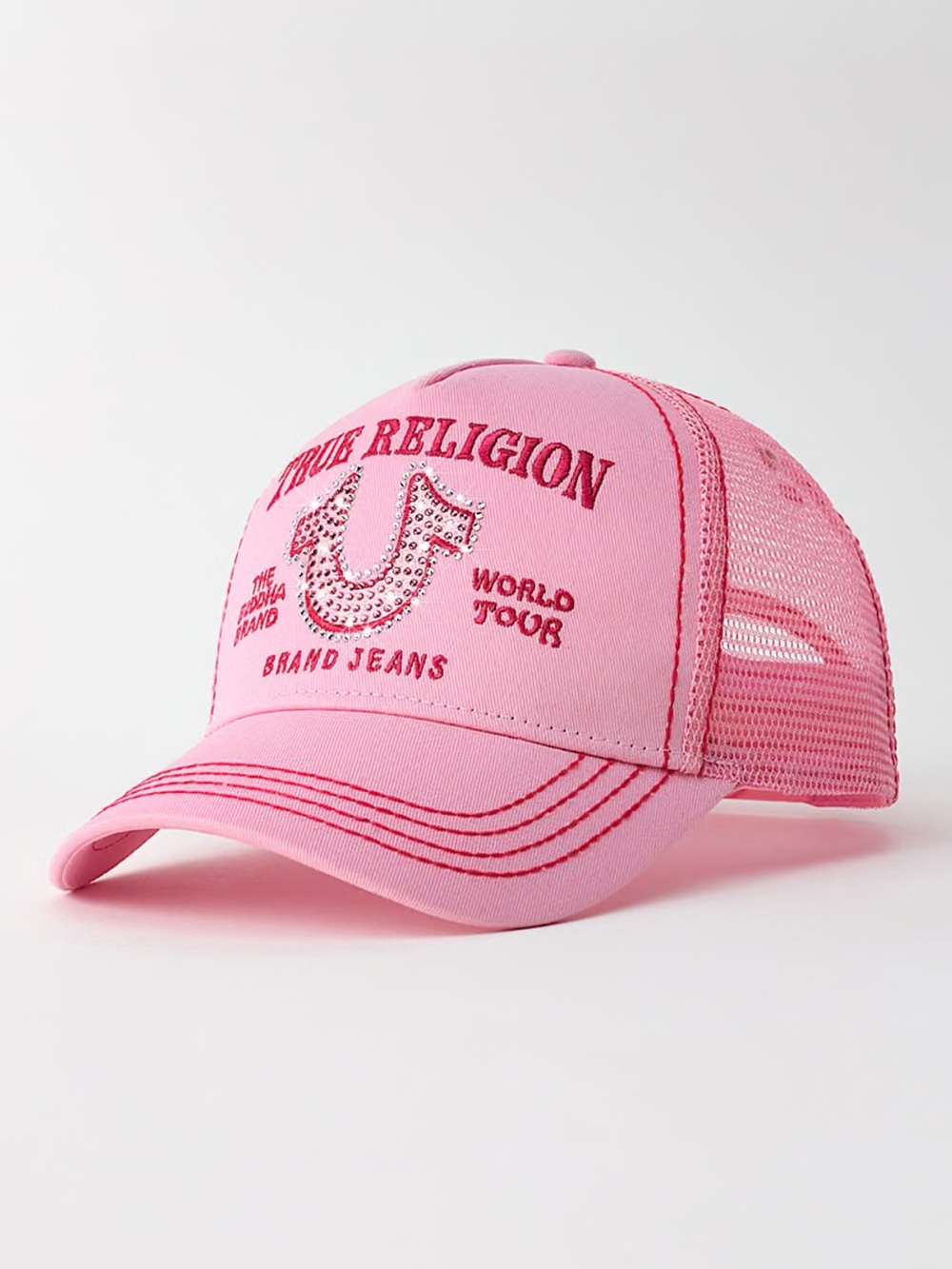 True Religion Pink Rhinestone Embroidered Logo Trucker Hat